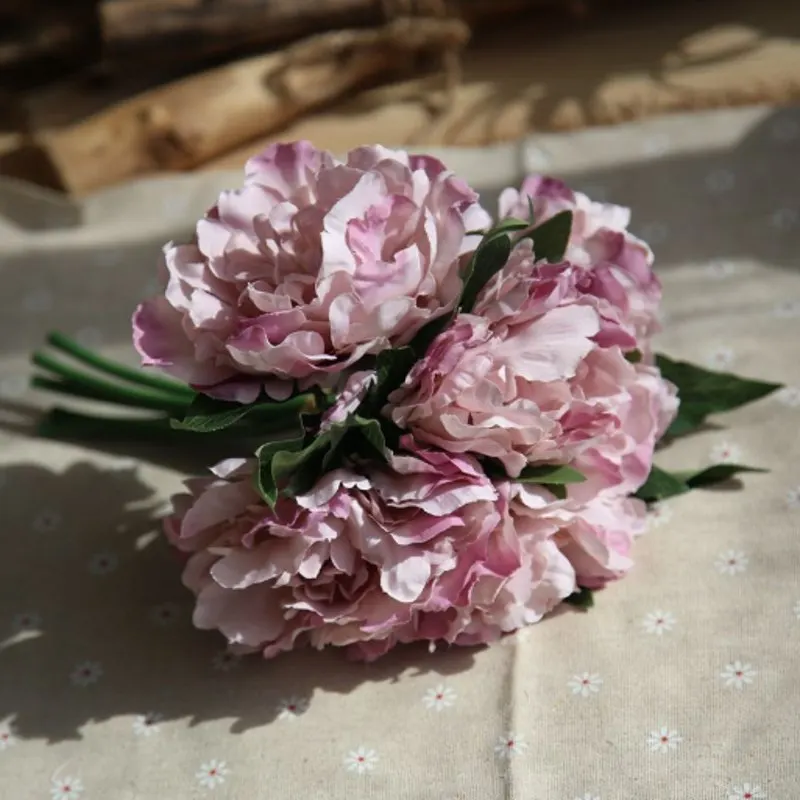 5 декоративные цветы Гортензия пион Свадебный букет Шелковый цветок для DIY украшения для домашнего праздника с зеленым листом натуральный реалистичный - Цвет: A