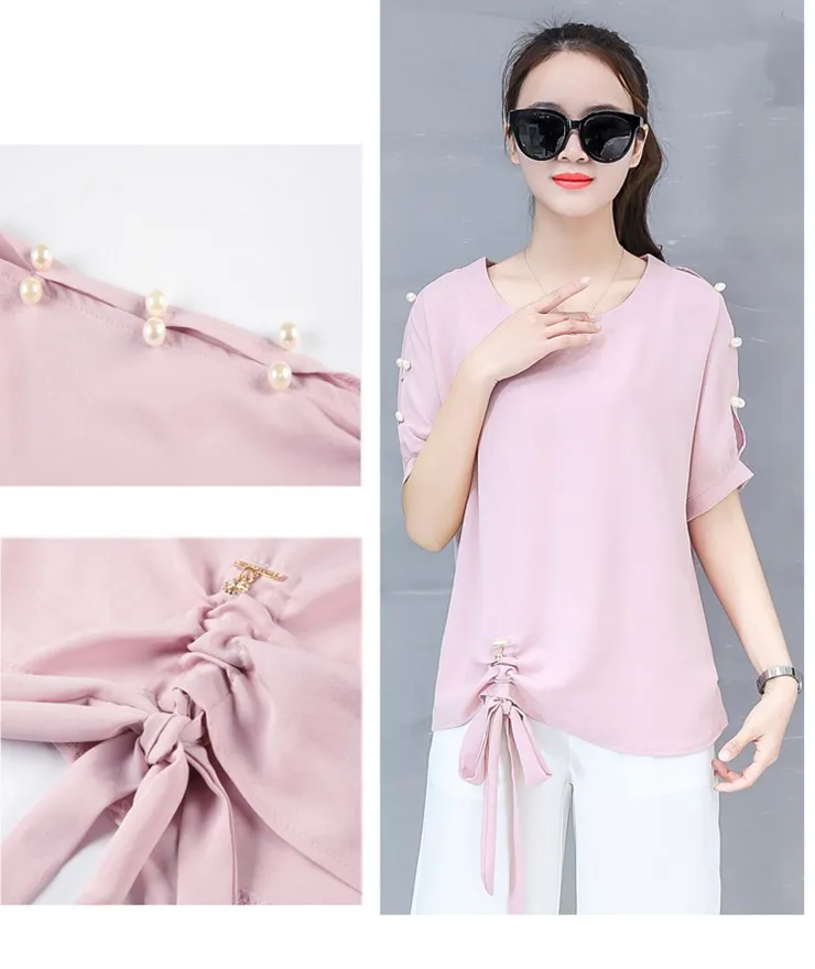 2018 New Arrival Chiffon Blouses Women Shirts Plus Size Beading Tops Female Fashion Short Sleeve O-neck Blusas Femininas  (3)
