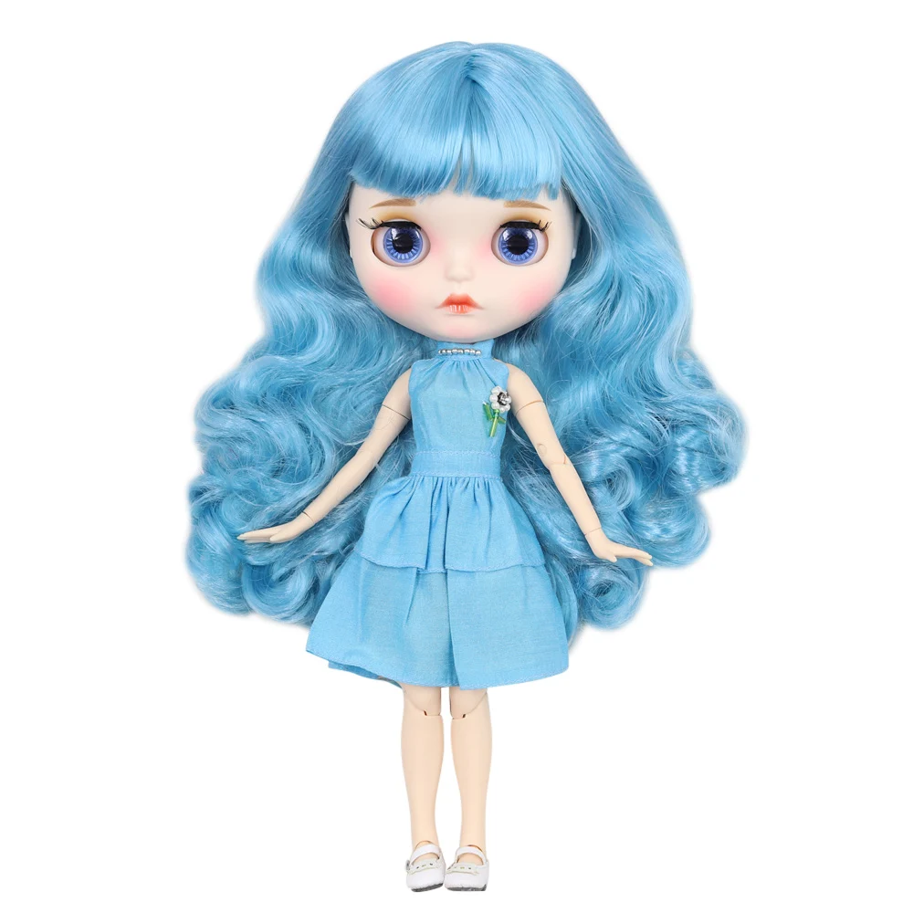 

ICY Fortune Days factory blyth doll white skin joint body New matte face with eyebrows lip Blue curly hair DIY sd gift toy