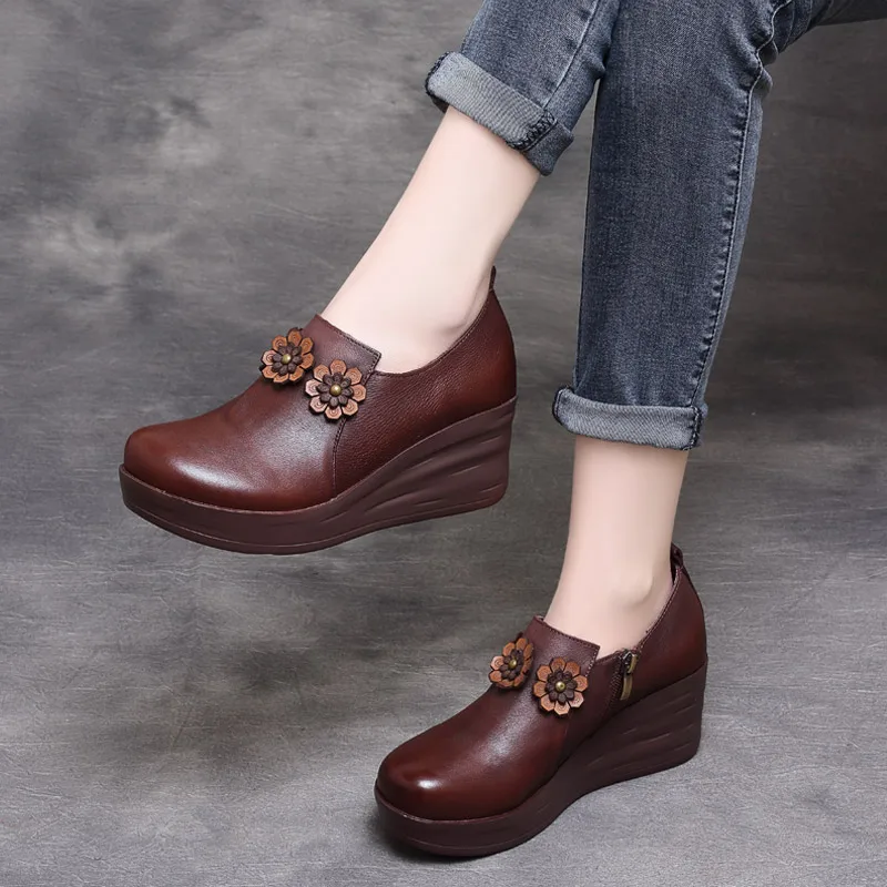 

Women Leather Pumps 6 CM High Heels Wedge Shoes Spring 2019 Flower Retro Style Handmade Genuine Leather Women Pumps Brand Shoes