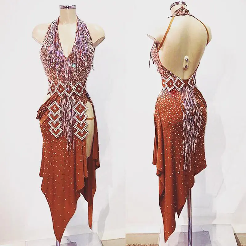 

latin dance dress Sexy Backless color brown dress for latin dancing,salsa tango Irregular dress custom size latin dress