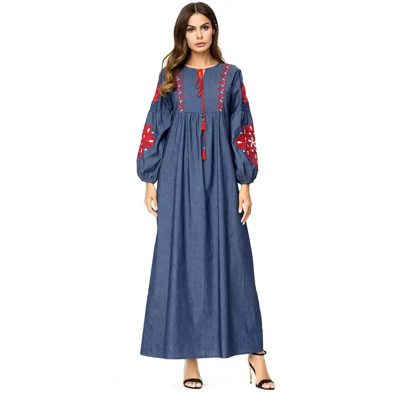 2019 мусульманская винтажная вышивка Макси платье abaya кимоно свободные Рамадан