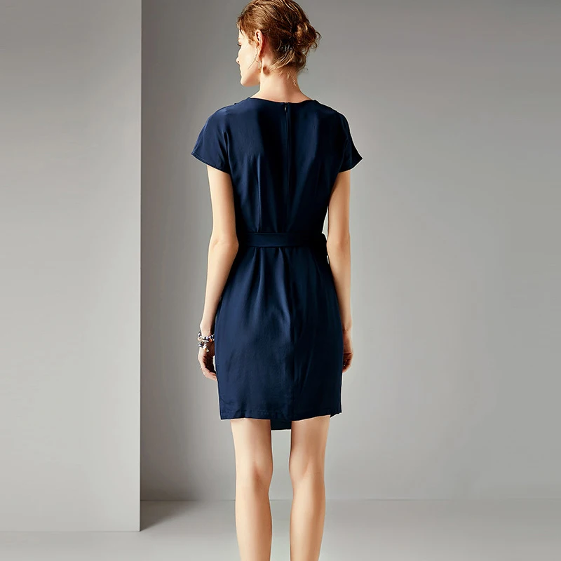 Новое поступление весна лето платье из натурального шелка с o-образным вырезом элегантное тонкое платье с поясом темно-синего цвета