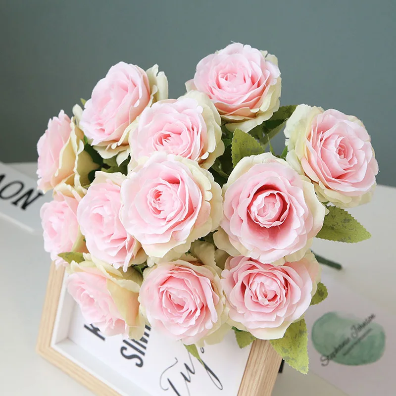 Flone Artificial Silk Rose Flower Bouquet Fake Flowers 12 Head Small Fresh Wedding Rose Decoration Home Decoration Accessories (15)