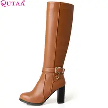 QUTAA/ г.; осенне-зимние женские ботинки; сапоги до колена на платформе с квадратным каблуком; Женская обувь в байкерском стиле; размеры 34-43