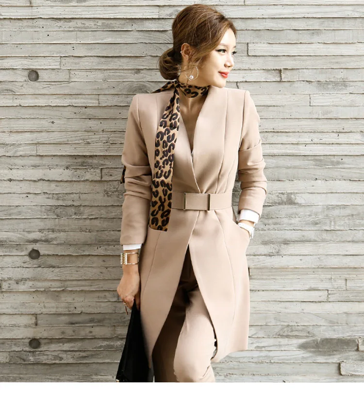 Комплект женский осенний и зимний костюм из двух предметов модный приталенный однотонный длинный костюм куртка+ узкие брюки новая женская одежда