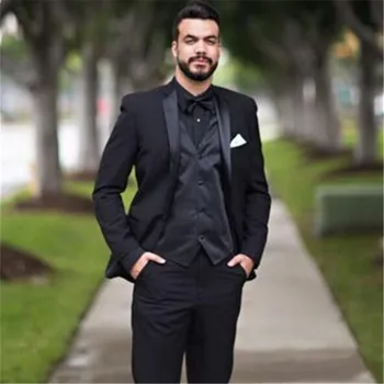 

New Black Mens Dinner Prom Suits costume homme Groom men suit Tuxedos Groomsmen Wedding Blazer Suits (Jacket+Pants+Vest+Tie)