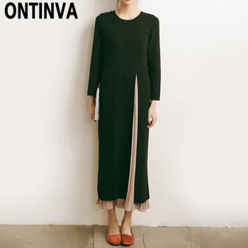 

Asymmetrical High Split Long Sweater Dresses for Woman Korean Fashion Autumn Round Neck Patchwork Chiffon Pleated Dress Vestidos