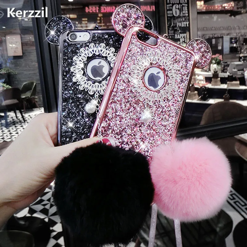 Чехол Kerzzil с блестящими рисунками животных + помпоны для iPhone 7 7Plus мягкий