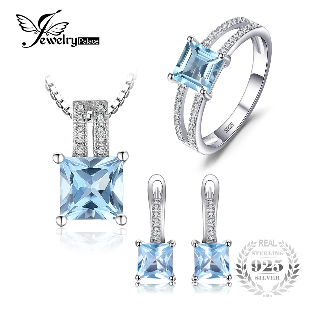 

JewelryPalace 2.8ct Princess Cut Sky Blue Topaz Wedding Anniversary Ring Pendant Necklace Hoop Earrings 925 Silver Jewelry Sets