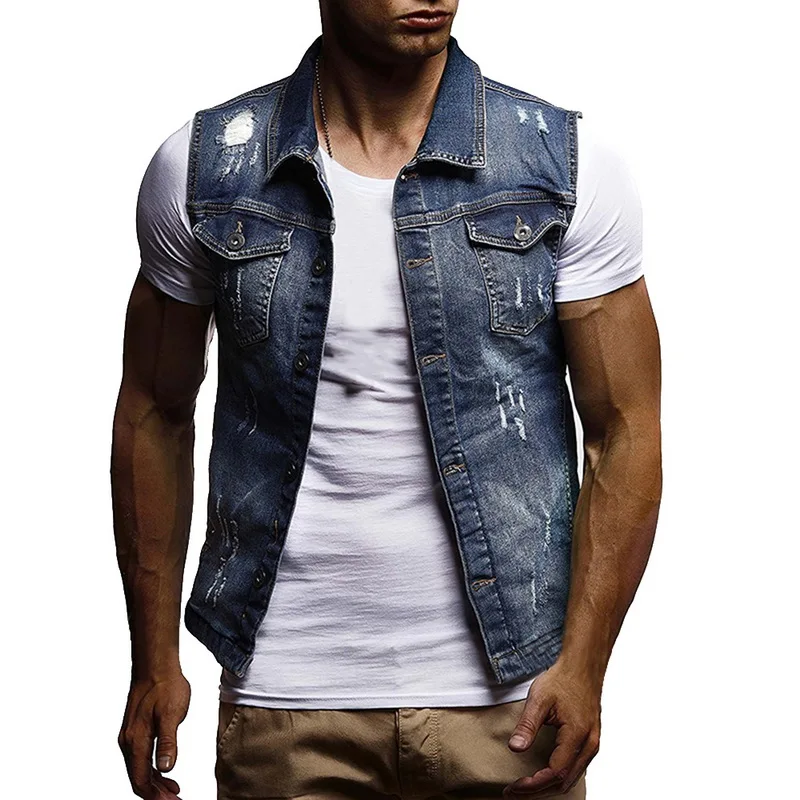 

2019 Hot Men Slim Fit Sleeveless Jeans Jacket 2019 Summer Fashion Classic Denim Vest black Turn-down Collar Jeans Waistcoat