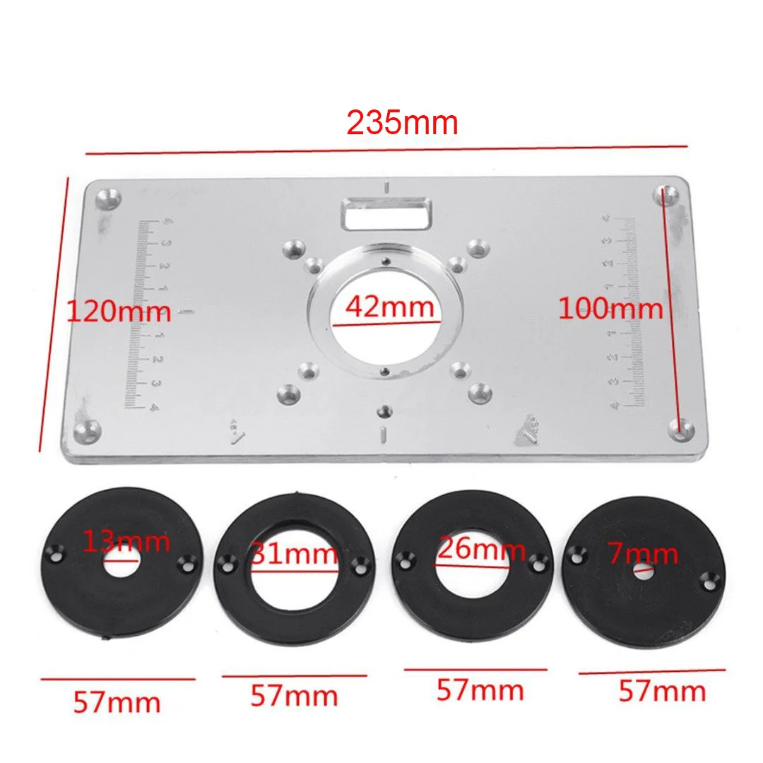 Aluminum Router Table Insert Plate Wood Router Trimmer with 4Pcs Insert Rings Screws for Woodworking Benches Engraving Machine