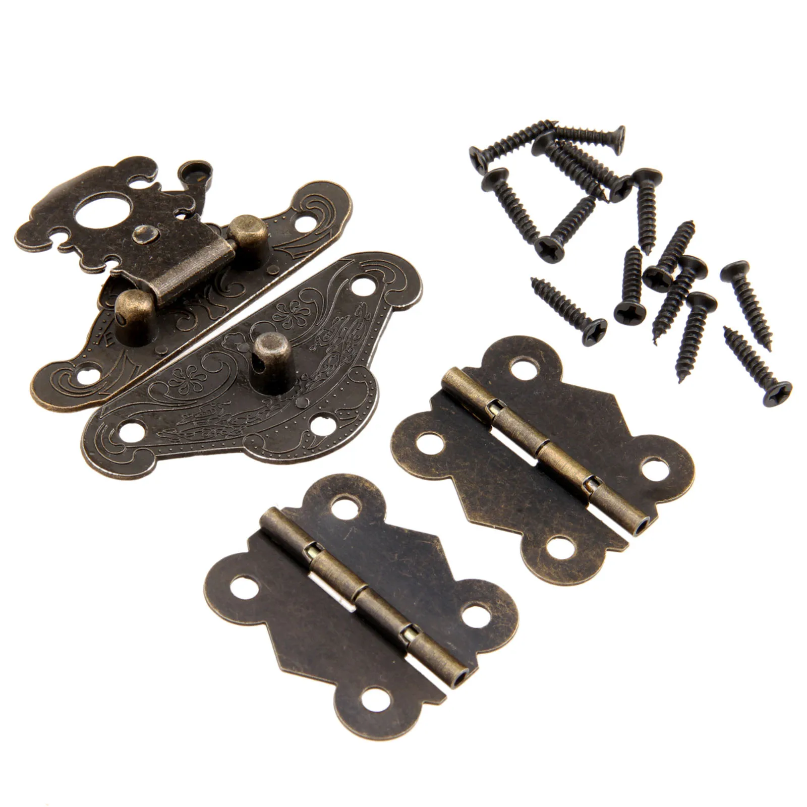 1Pc Antique Bronze Jewelry Wooden Box Case Toggle Hasp Latch +2Pcs Cabinet Hinges Furniture Accessories Iron Vintage Hardware