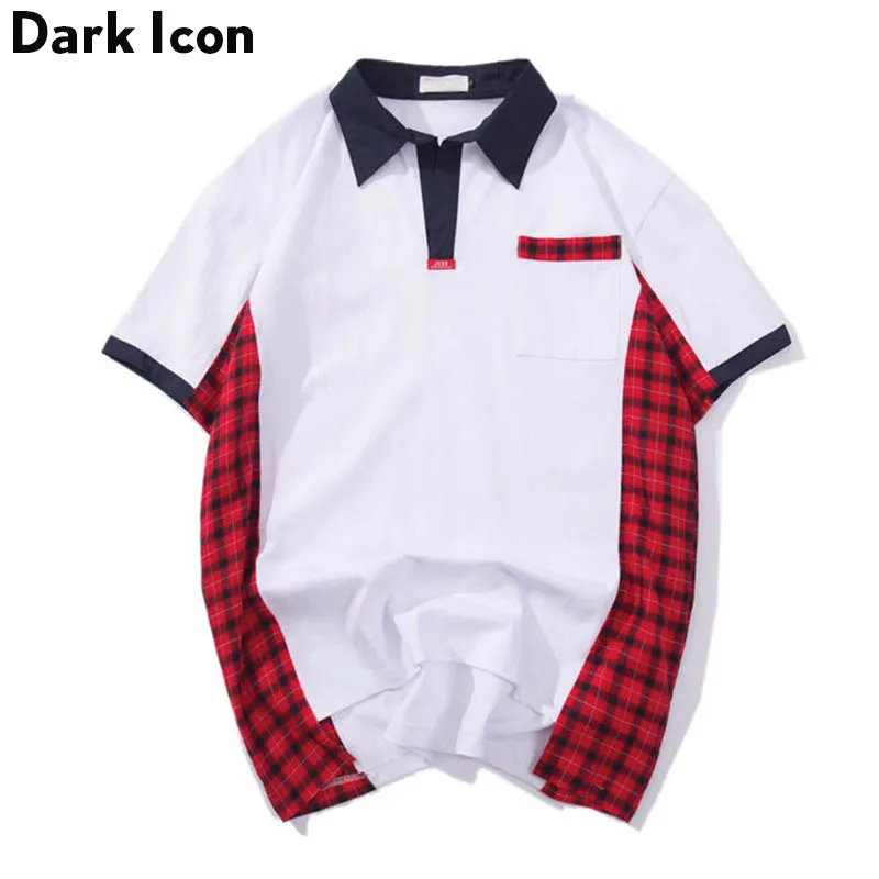 

Dark Icon Turn-down Collar Plaid Patchwork Men's Tshirt Short Sleeve 2019 Summer Front Short Back Long T-shirt Men Tee Shirts