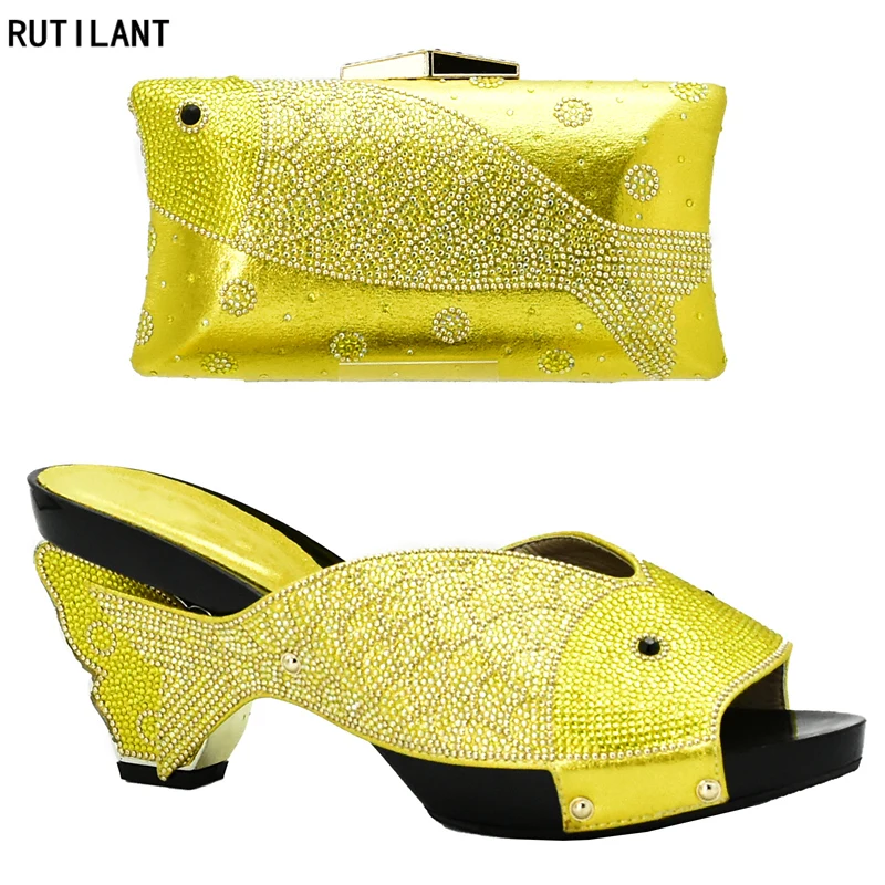 

New Arrival Yellow Color Italian Ladies Shoes and Bags To Match Set Decorated with Rhinestone Nigerian Women Party Shoes and Bag