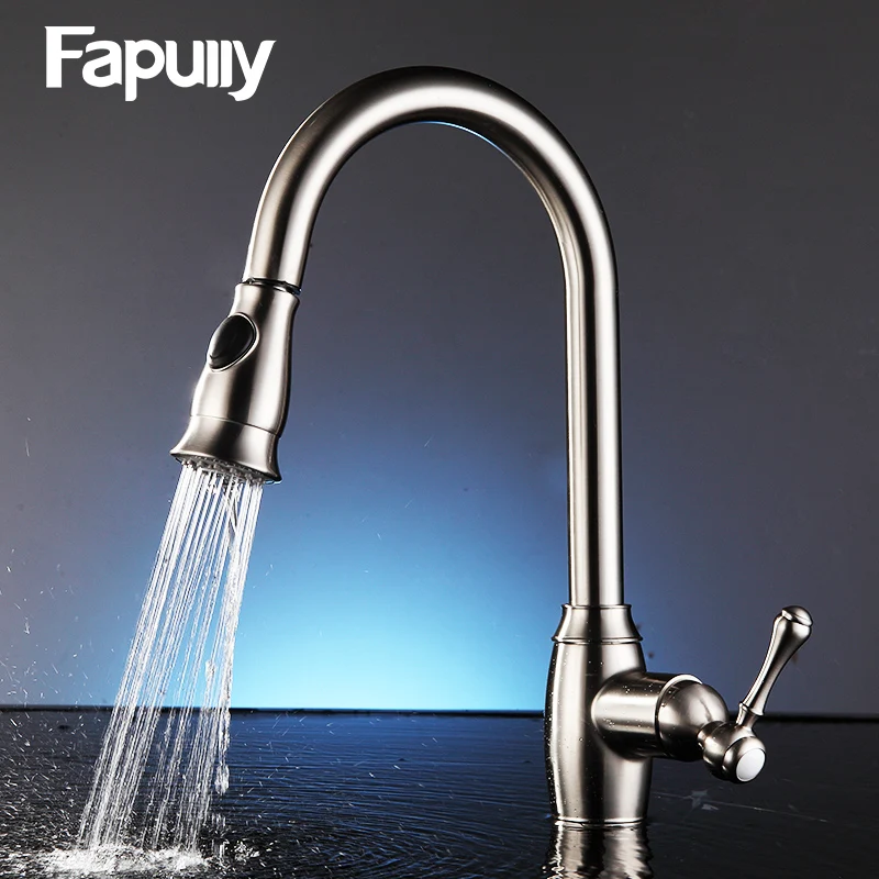 Fapully Pull Out Kitchen Faucet Sink Mixer Tap 360 Degree Rotation Brushed Nickel Cold And Hot