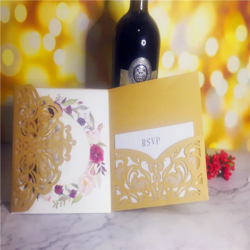 1 шт. трехкратный лазерный вырез ажурный цветок набор свадебных пригласительных открыток открытка высокого класса бизнес-дилинг - Цвет: Золотой
