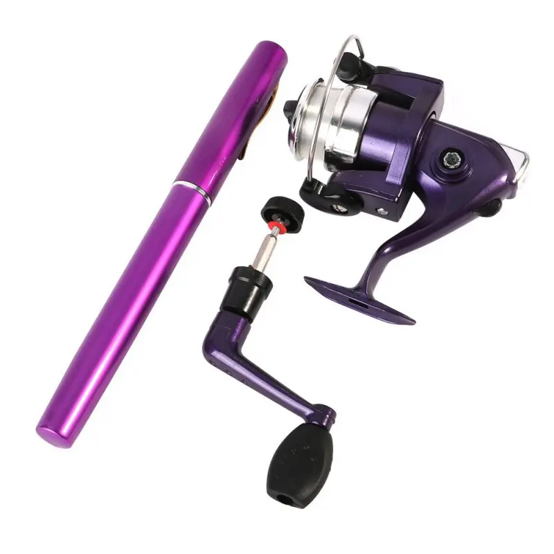 Открытый мини-ручка удочки Кемпинг путешествия baitcasing телескопическая карманная Ручка Форма Удочка+ катушка+ леска - Цвет: Фиолетовый