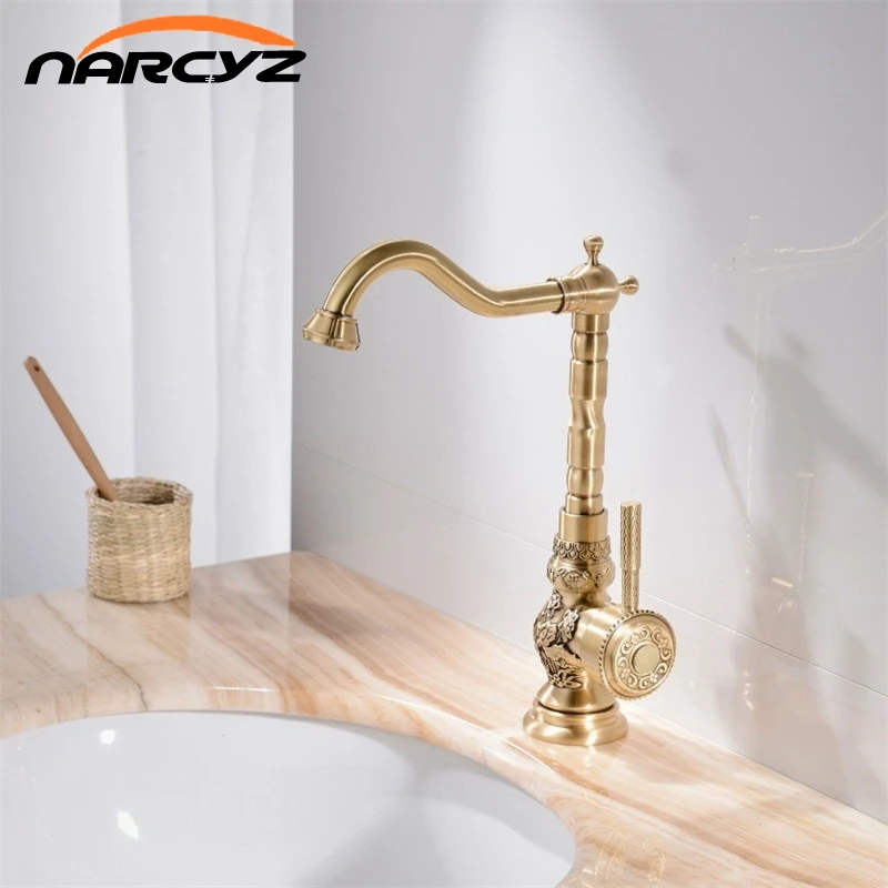 Basin Faucets Deck Mounted Single Handle Bathroom Basin Mixer Tap Antique Bronze Crane High