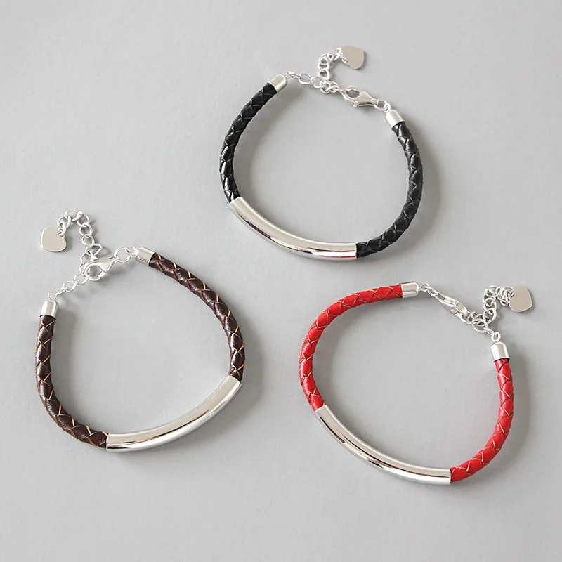 

LouLeur 925 sterling silver cowhide weave bracelets&bangles handmade fashion round tube adjustable bracelets for women jewelry