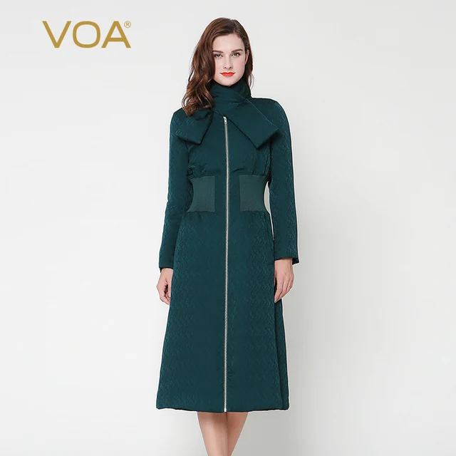 Cheap VOA dark green cross Shawl Collar waist long silk cotton  padded jacket female thick straight silk dobby M7299