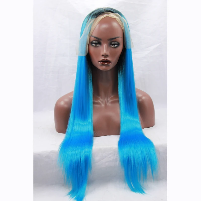 Natural Long Synthetic Lace Front Straight Ombre Dark Blue Hair Wig For