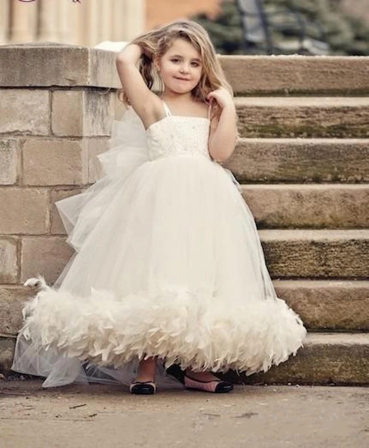 Custom Made Lovely Flower Grils Dresses 2015 Spaghetti Straps Feather