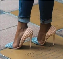 Sexy Pink Blue Spikes Studded High Heel Pumps Shoes Pointed Toe Stiletto Heels Pumps Women Shoes Cut-out Patchwork Bride Shoes Sexy Pink Blue Spikes Studded High Heel Pumps Shoes Pointed Toe Stiletto Heels Pumps Women Shoes Cut-out Patchwork Bride Shoes