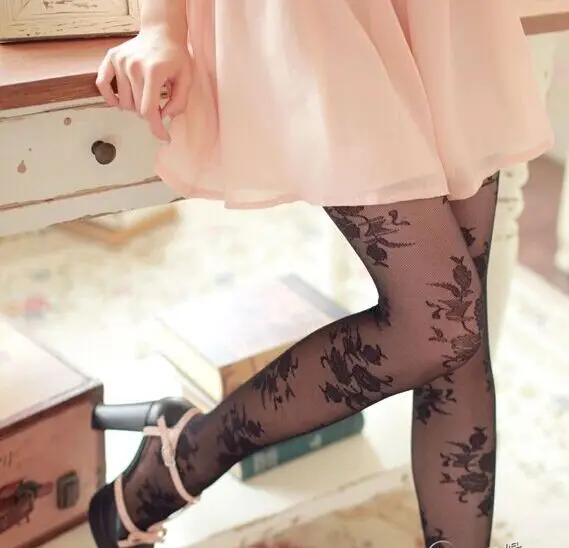 Japanese Vintage Style Hollow out Lace Floral White Silk Stockings Jacquard Weave Pantyhose Summer Sexy Ultrathin Sweet Stocking5