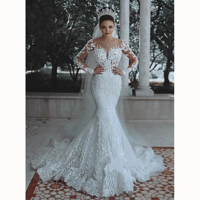 

White Gorgeous Princess Wedding Gowns Vestidos De Festa largos Elegantes de Dala Lace Appliques Mermaid Formal Dress Bridal