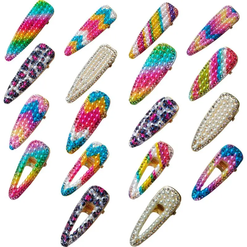 

Summer Rainbow Leopard Faux Pearl Water Drop Hair Clip Women Rhinestone Decorative Duckbill Hairgrip Festival Styling Barrette