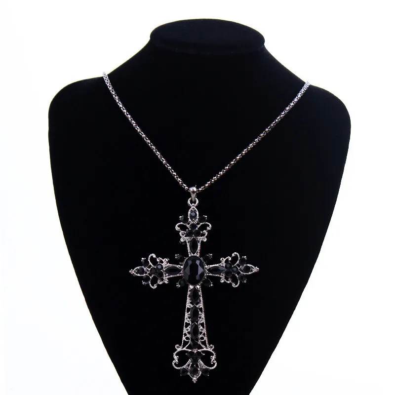 Драгоценный камень большой черный крест ожерелье s& Кулоны ожерелье Винтаж Готический Стиль длинное Распятие ожерелье для женщин колье Joyeria Mujer