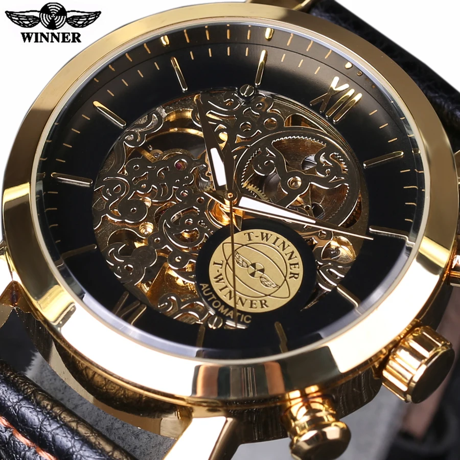 Winner Automatic Watch Mens Watch Top Brand Luxury Gold Case Fashion Clouds Hollow Skeleton Genuine