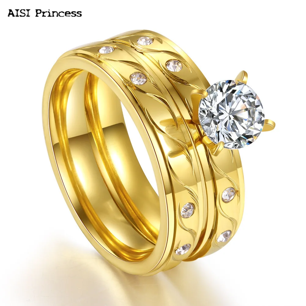 

Popular High-end Ring Fashion Set Round Large Zircon Gold Combination Ring Titanium Steel Ring Female Korean Jewelry
