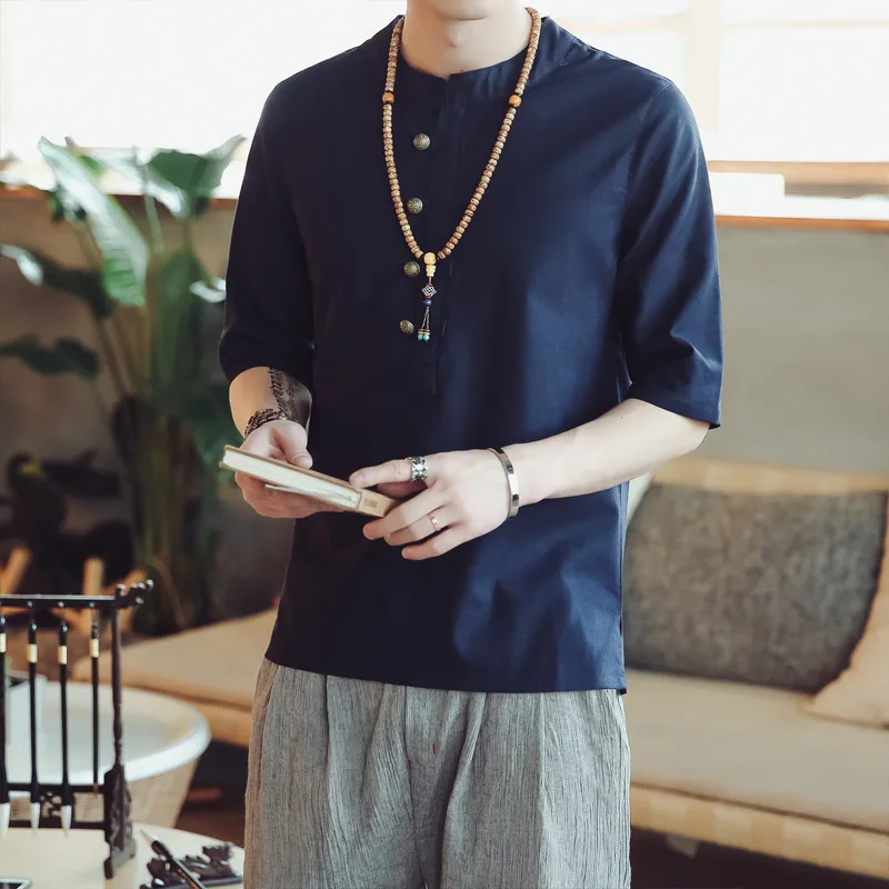 New Fashion short sleeve Men's shirts male casual Linen cotton shirt Brand Asian size chinese style 80s clothes camisas