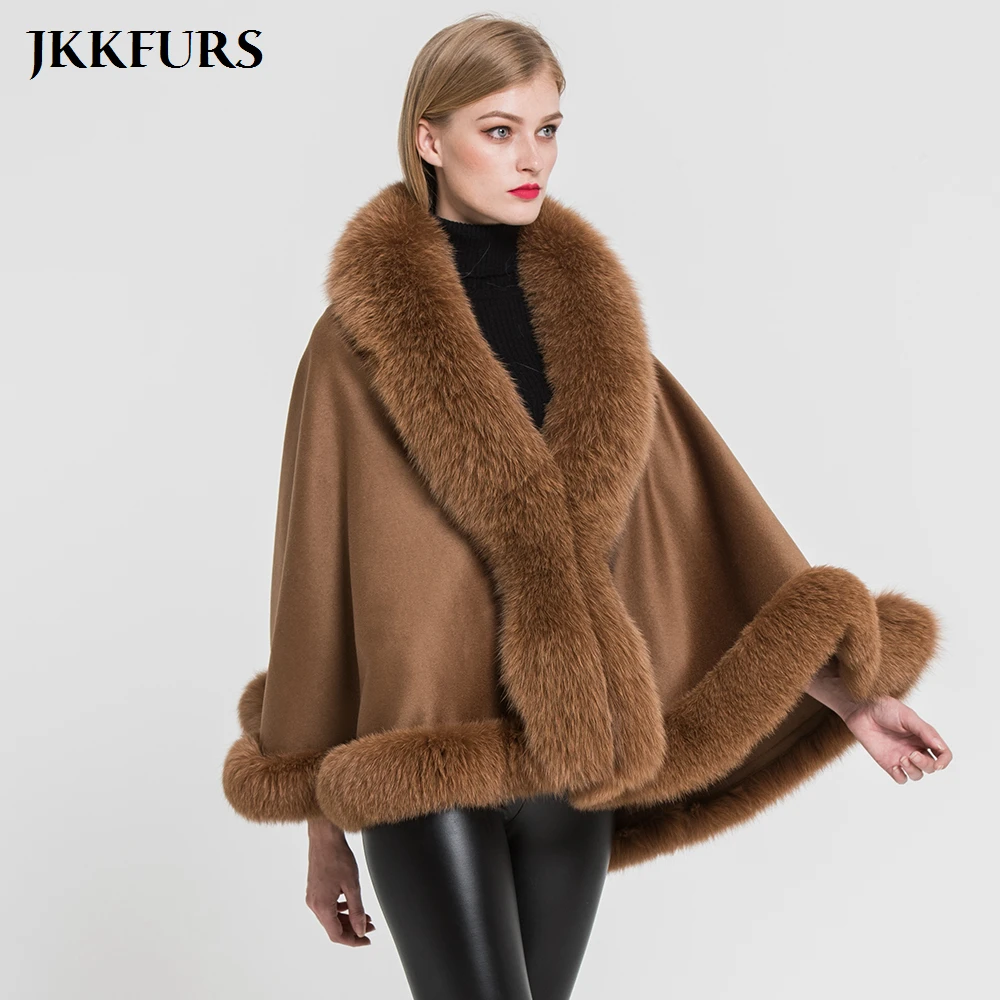 JKKFURS, женское пончо, натуральный Лисий мех, воротник, отделка и кашемировая накидка, шерсть, модный стиль, Осень-зима, теплое пальто, S7358