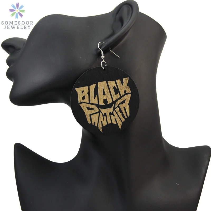 

SOMESOOR Engraved Africa Power Sayings Wood Earrings 2019 Black Panther Desgin Fit Africans Indians Americans For Women Gift