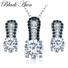 [BLACK AWN] Настоящее 925 пробы Серебряные Ювелирные наборы для женщин Черная шпинель Ожерелье Подвески Серьги Набор Z026