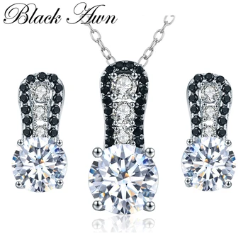 

[BLACK AWN] Real 925 Sterling Silver Jewelry Sets for Women Black Spinel Necklace Pendants Earrings Set Z026