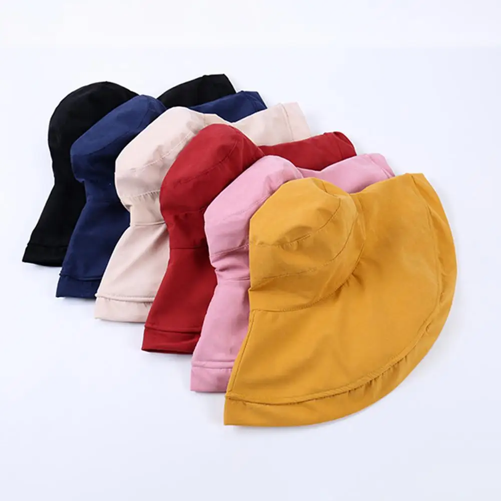 

New Fashion Vintage Summer Wide Turned Edge Solid Color Fisherman Sun Hat Outdoor Women Bucket Cap
