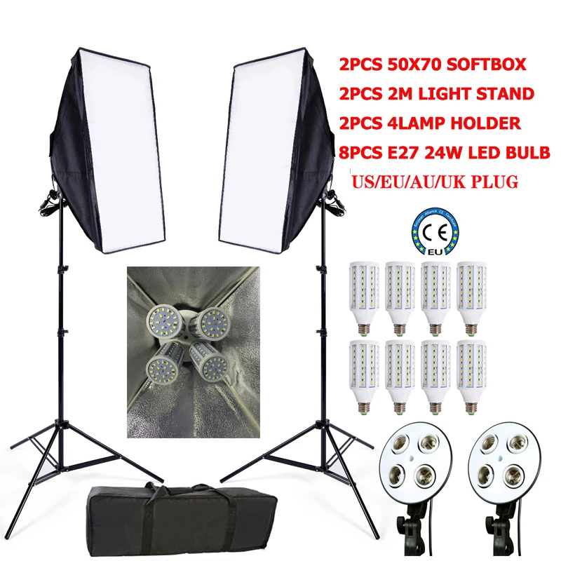 

4lamps softbox photo studio kit 8pcs 24w LED E27 Bulb Photo stuido Soft Box set 2light stand 2softbox 2light holder