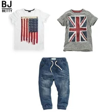 BCS139 высокое качество, комплекты одежды для мальчиков из 3 предметов летняя детская одежда спортивный костюм для маленьких мальчиков футболка+ джинсовый костюм для детей 2, 3, 4, 5, 6 лет