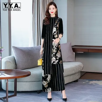 

Top Quality Women Elegant Spring Velvet Floral Print Two Piece Sets Pullover Long T-Shirts Elastic Waist Wide Leg Pant Plus Size