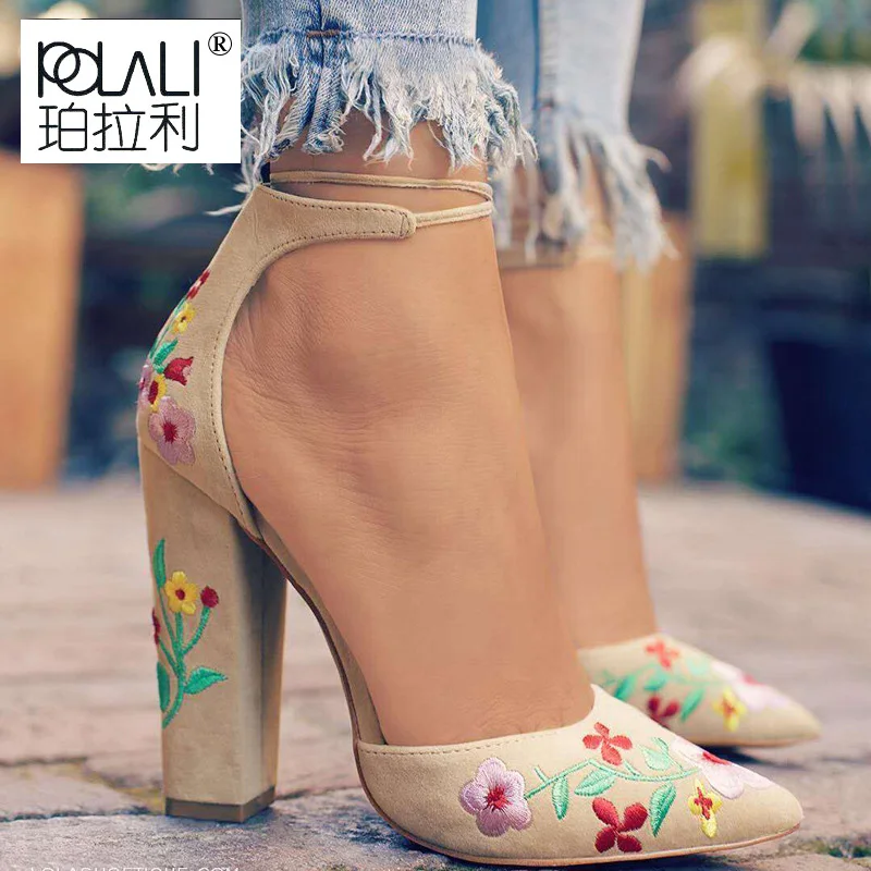 Женские туфли-лодочки на высоком каблуке с вышивкой размера плюс; туфли с ремешком на щиколотке и цветочным узором; женские пикантные вечерние свадебные туфли с острым носком