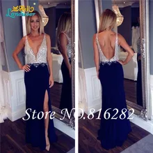 Sexy Tiefem V-ausschnitt Bodenlangen Langes Abendkleid 2016 A-linie Backless Luxus Perlen Kristall Abendkleid 2016 Seitenschlitz