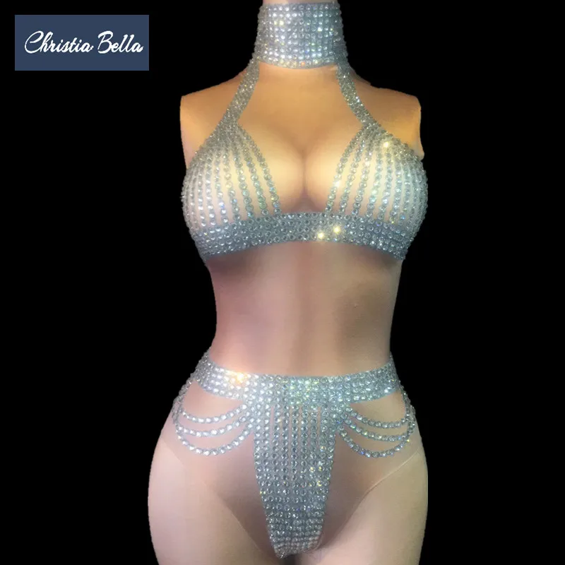 

Christia Bella Crystals Diamond Bodysuit Women Sexy Rhinestones Jumpsuit Singer Nightclub Pole Dancing Leotard Stage Costumes
