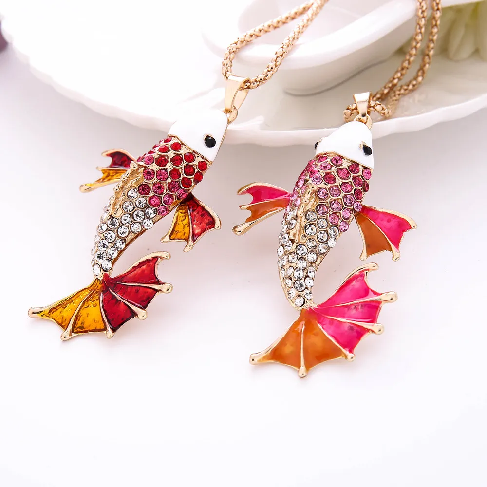 Fashion Women Necklace Charm Crystal Vintage Goldfish Cute Pendant Sweater Necklace Jewelry