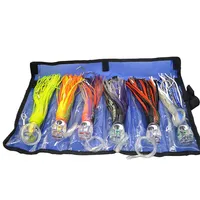 SET of 6 Pusher style Marlin / Tuna Mahi Dolphin Durado Wahoo Trolling skirt Lures. Rigged and bag included tuna 8.5 inch