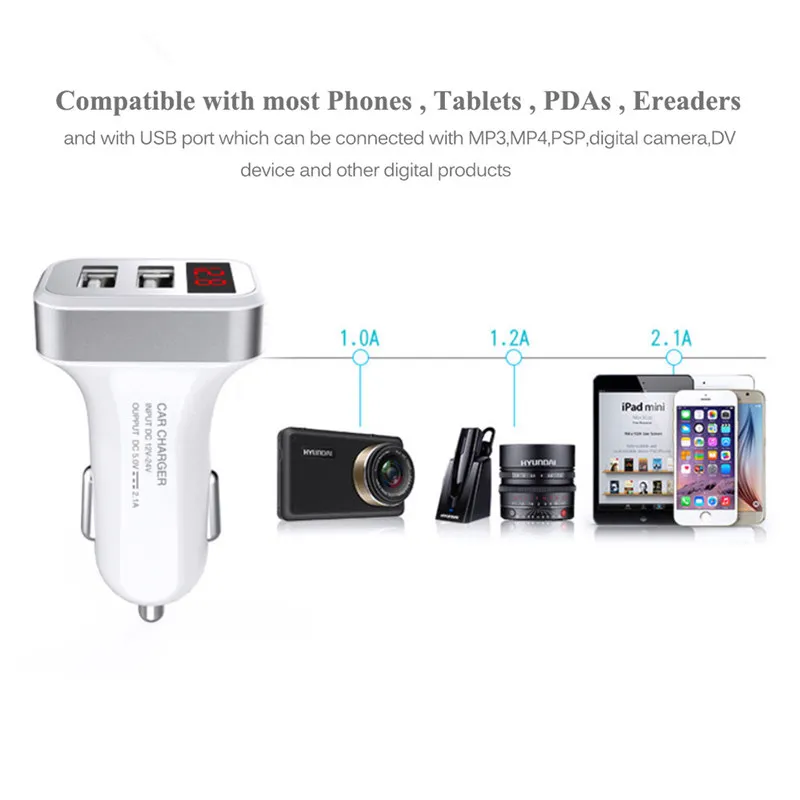 5 V 2.1A 2 المزدوج USB شاحن سيارة مع LED عرض معدِّل سيارة الجهد الحالي منخفضة الجهد تحذير ل iphone 6 7 8 الهاتف المحمول طبل