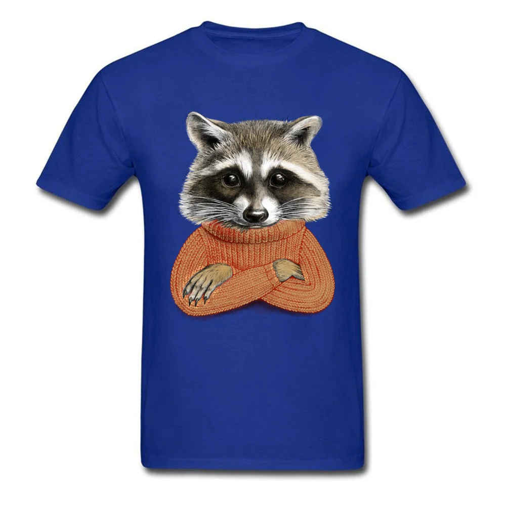 Normal Short Sleeve Tops Shirt Summer/Fall O-Neck 100% Cotton Men Tshirts Raccoon in winter sweater Normal Tee Shirts Fashion Raccoon in winter sweater blue